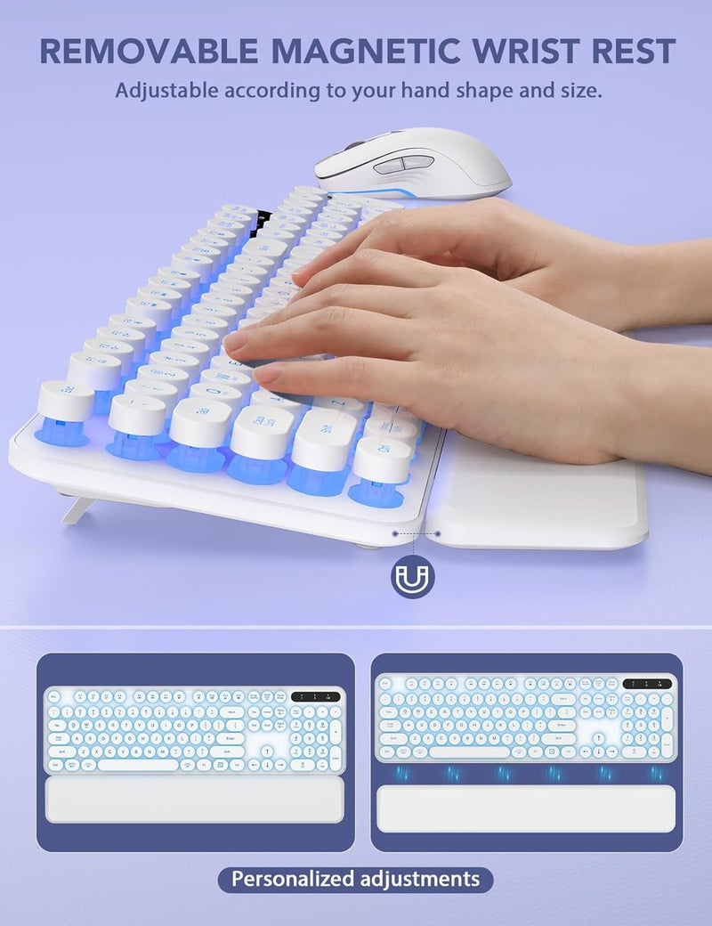 Trueque Wireless Keyboard and Mouse Backlit - Typewriter Keyboard with Retro Round Keycaps, Detachable Wrist Rest, Light Up Letters, 2.4G Rechargeable Combo for Mac, Windows, PC, Laptop, (White) - Image 3